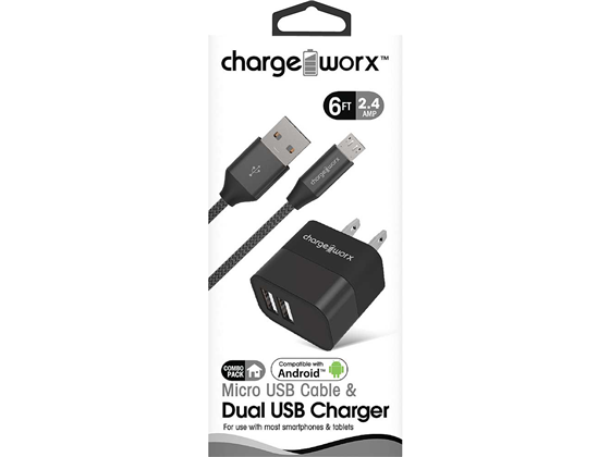 CARGADOR DE PARED + CABLE MICRO USB, DUAL USB (2.4AMP) CHARGEWORX PARA SMARTPHONES & TABLETS, 6FT, METAL, NEGRO
