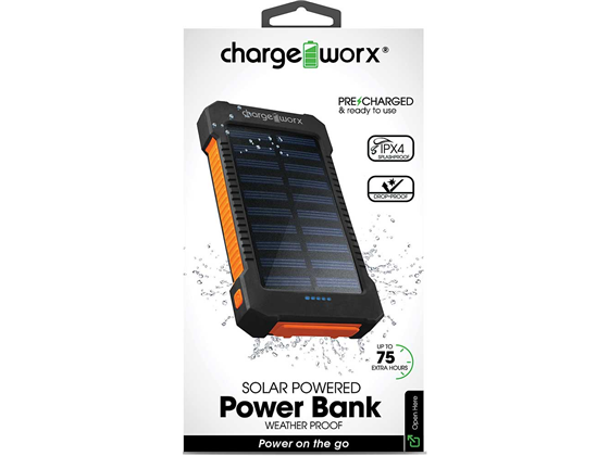 CARGADOR MOVIL (POWER BANK) PANEL SOLAR, CHARGEWORX, BATERIA RECARGABLE 10,000MAH, 2 X USB (1A/2.1AMP), 75HRS,  NEGRO/ NARANJA