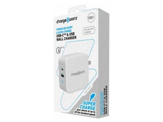 CARGADOR DE PARED DUAL USB Y USB TYPE-C  CHARGEWORX PARA SMARTPHONES & TABLETS,PD 100W, BLANCO.