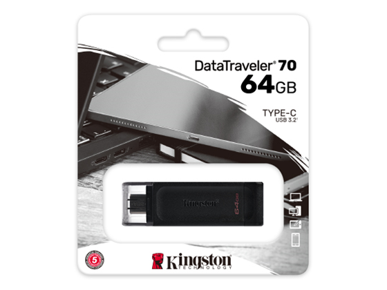MEMORIA USB TIPO C 64GB KINGSTON, 3.2 GEN 1 DATATRAVELER 70 KINGSTON, (USB-C)  DATA TRAVELER 70 (NEGRO).