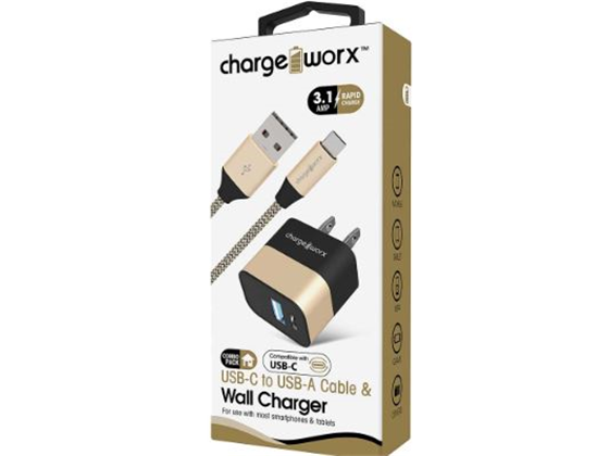CARGADOR DE PARED + CABLE USB-C /USB-A, (3.1AMP), CHARGEWORX PARA SMARTPHONES & TABLETS, CABLE 3FT, DORADO, CARGA RAPIDA