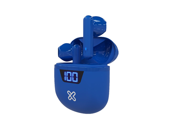 AUDIFONO CON MICROFONO KLIPX TOUCHBUDS, BLUETOOTH 5.0, 12 HORAS DE REPRODUCCION, ESTUCHE CON BATERIA Y PANTALLA PARA VER EL TIMEPO RESTANTE DE LA BATERIA, BLUE (KTE-006BL)