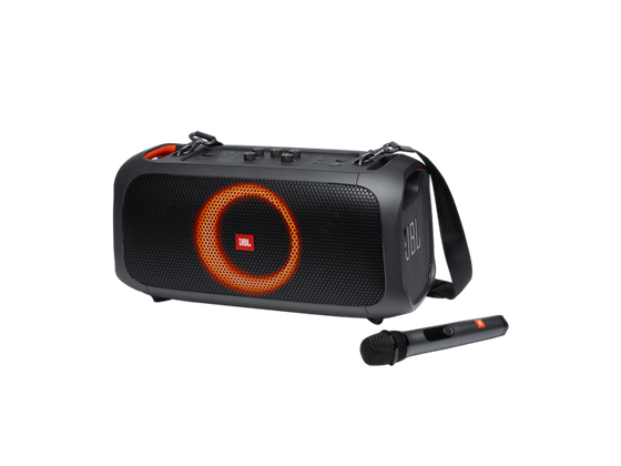 BOCINA JBL  PARTYBOX ON THE GO BLUETOOTH 4.2 TWS,  IPX4, 100W, 10 DBM, 3.5MM IMPUT, LUCES RGB, 1X MICROFONO, 6 HRS AUTONOMIA, COLOR NEGRO (PARTYBOXGOBAM).