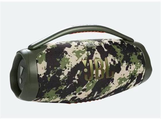 BOCINA JBL  BOOMBOX 3 BLUETOOTH 5.3, WATERPROOF IP67,1X80W RMS-SUBWOOFER + 2X40W RMS-MIDRANGE + 2X10W RMS-TWEETER (AC MODE) 1X60W RMS-SUBWOOFER + 2X30W RMS-MIDRANGE + 2X8W RMS-TWEETER (BATTERY MODE), 3.5 MM IMPUT, POWER BANK INCLUIDO, 9 DBM, PARTYBOOST, 24 HRS AUTONOMIA, COLOR CAMUFLAJE (BOOMBOX3SQUADAM).