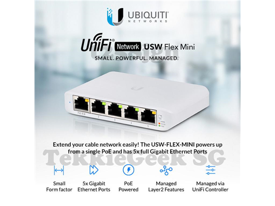 SWITCH 5 PUERTOS UBIQUITI FLEX MINI, LAYER 2 ADMINISTRABLE/DESKTOP, 5 PUERTOS 10/100/1000MBPS.
