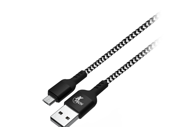 CABLE XTECH TIPO A 2.0 A MICRO USB, 1.8M/6.0FT, NYLON TRENZADO, NEGRO/BLANCO