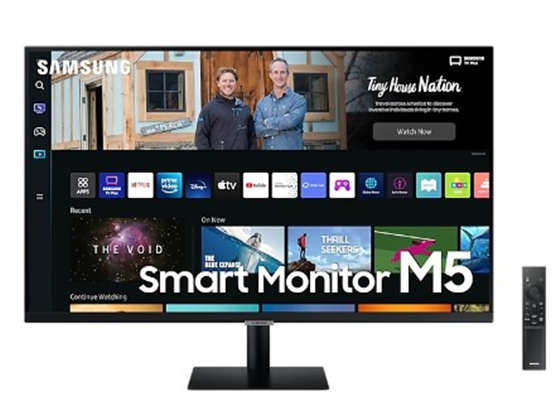 MONITOR SAMSUNG 27" M5 SMART FHD (1,920 X 1,080), 4MS, 60HZ, HDR, 16:9, 250 CD/M², PUERTOS: 2 HDMI 2.0, USB-C, BT, CONTROL REMOTO, CONECTIVIDAD MOVIL WIRELESS DEX, MIRRORING, BOCINAS INTEGRADAS (LS27BM500ENXGO)