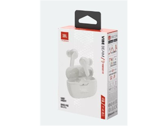 AUDIFONOS JBL VIBE BEAM EARBUDS  BLUETOOTH 5.2, 8MM DRIVER , 16 OHMS, IPX54 Y IPX2 BASE,  8 HRS PLAY TIME,A PRUEBA DE SUDOR, CARGA RAPIDA, TWS, HANDFREE, AMBIENT AWARE, COLOR BLANCO.