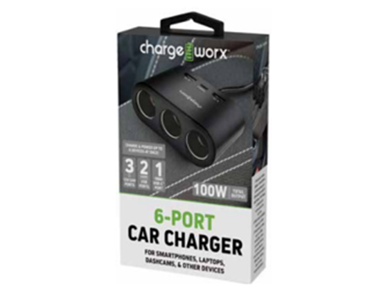 CARGADOR PARA CARRO CHARGEWORX 6 EN 1 (2.4AMP), 3  PUERTOS 12V CIGARRILLOS (60W), 3 USB(2-A Y 1-C), FUSIBLE 10W, SALIDA 100W MAX. PARA SMARTPHONES, TABLETS Y MAS, CABLE 60 CM Y LUZ LED AZUL, COLOR NEGRO (CX2111BK)