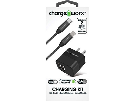 CARGADOR DE PARED DUAL USB (2.4AMP) (KIT) + CABLE MICRO USB + CABLE USB-C , CHARGING KIT, CHARGEWORX,, PARA SMARTPHONES & TABLETS, CABLE 3FT, NEGRO, COMPATIBLE CON ANDROID