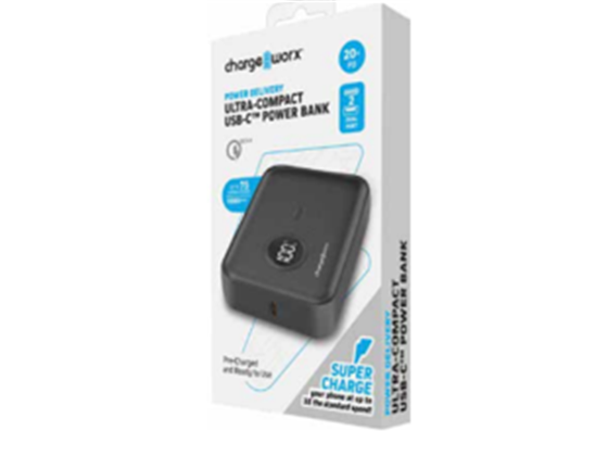 CARGADOR MOVIL (POWER BANK) COMPACTO CHARGEWORX, 5,000MAH, 20W PD Y QC, DUAL USB-C™ Y MICRO USB, 2 DISPOSITIVOS A LA VEZ, LUZ LED +CABLES, CARGA RAPIDA, COLOR NEGRO (CX6852BK)