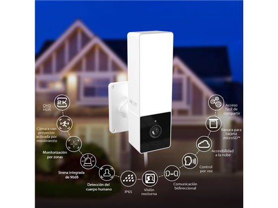 CAMARA DE VIGILANCIA INTERIOR/EXTERIOR NEXXT, SMART WIFI CON LUZ, SENSOR DE MOVIMIENTO Y SIRENA INTEGRADA (HOME AUTOMATION), 2K, FIJA, DIA Y NOCHE, MICRO SD, SOFTWARE CON ALGORITMO PARA DETECTAR HUMANOS Y NO DAR FALSAS ALARMAS, 1000 LUMENS (NHC-F410)