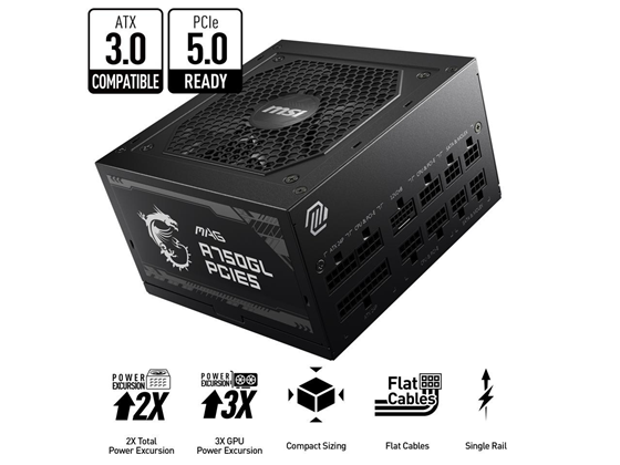 POWER SUPPLY MSI MAG A750GL PCIE5 80+, FULLY MODULAR GAMING, ATX 3.0, 750W