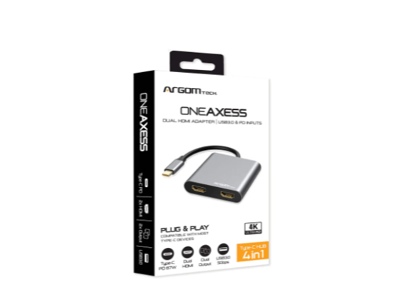 ADAPTADOR ARGOM ONE AXESS USB-C TO 2 PUERTOS HDMI DUAL IMPUT, 1 USB-C 3.0 87W PD Y 1 USB-A 3.0.
