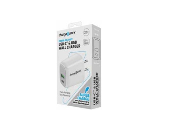 CARGADOR DE PARED DUAL USB-C Y USB 20W, CHARGEWORX PARA SMARTPHONES & TABLETS, BLANCO. (CX3097WH)