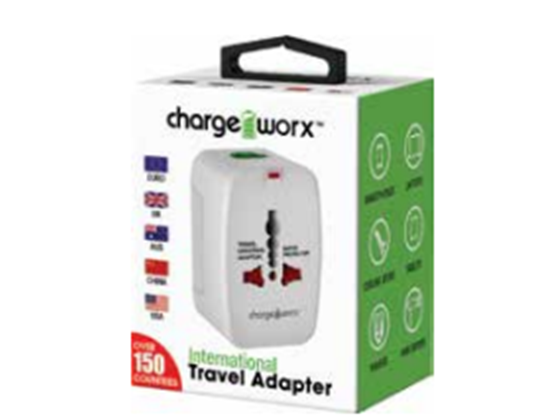 ADAPTADOR DE CORRIENTE INTERNACIONAL CHARGEWORX PARA CARGADOR DE PARED, INDICADOR LED NORTH AMERICA, EUROPE, UK,AUSTRALIA & CHINA 150 PAISES, NO CONVIERTE VOLTAJE (CX5001WH)