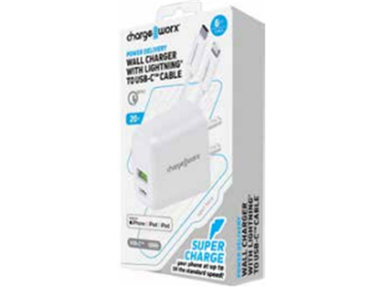 CARGADOR DE PARED +USB-C™ TO LIGHTNING CABLE& WALL CHARGERWITH POWER DELIVERYHARGEWORX PARA SMARTPHONES & TABLETS,PD 20W, BLANCO.