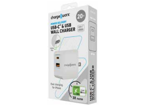 CARGADOR DE PARED DUAL CHARGEWORX USB-C 20W Y USB-A 18W, BLANCO.(CX3099WH)