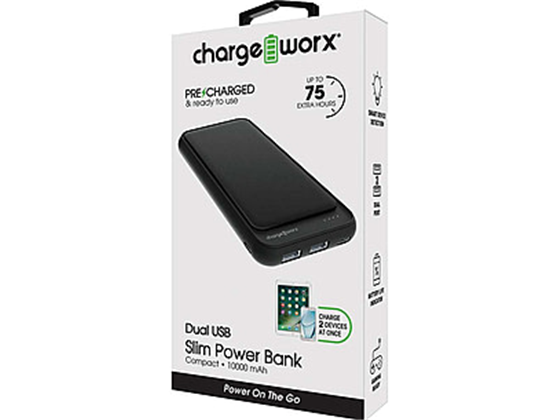 CARGADOR MOVIL (POWER BANK), CHARGEWORX 10000MAH, LED INDICATOR, DUAL USB-A OUTPUT, USB-C Y MICRO IMPUT (NEGRO).