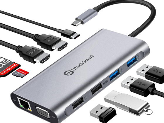 HUB UTECHSMART 11 EN 1, 2X HDMI, VGA, PD3.0, SD TF CARD SLOT, 4X USB PORTS USB-C, GRIS