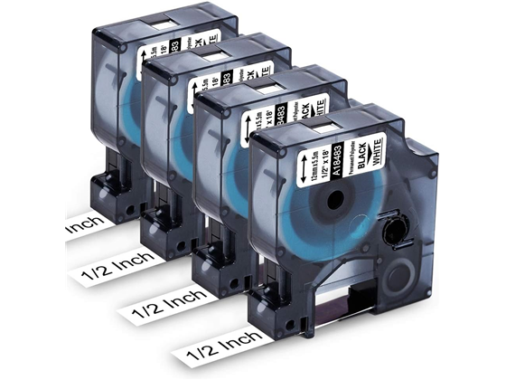 CINTA PARA IMPRESORA RHINO 5200,4200, 5200, 12MM BLACK ON WHITE 1/2" X 18', PAQUETE DE 4
