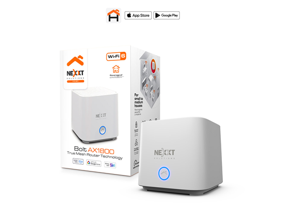 ROUTER WIRELESS MESH NEXXT BOLT AX1800, SISTEMA INALAMBRICO COMPLETO PARA EL HOGAR (MESH), 1 UNIDAD, DUAL BAND 2.4GHZ/5GHZ 574MBPS - 1200MBPS 3 ETHERNET PORT, (NCM-X1800)