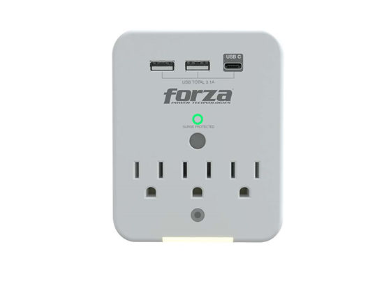 TOMACORRIENTE FORZA, 3 TOMAS + 2 PUERTOS USB-A + 1 USB-C, PROTECTOR SOBRETENSIÓN, 110/220V - 490 JOULES / 1875 WATTS - (FWT-331USBC)