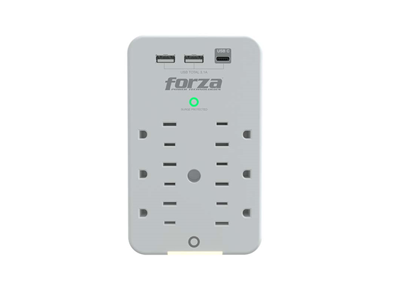 TOMACORRIENTE FORZA, 6 TOMAS + 2 PUERTOS USB-A + 1 USB-C, PROTECTOR SOBRETENSIÓN, 110/220V - 490 JOULES / 1875 WATTS - (FWT-631USBC)