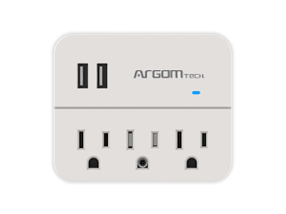 TOMACORRIENTE ARGOM CON 3 SALIDA + 2 PUERTOS USB. PROTECTOR DE VOLTAJE BLACO, 125V 15 A, 60HZ, CAPAIDAD DE 1875 W, 2 PUERTOS DE CARGA US. PROTECTOR CONTRA SOBRETENSIONES 450J CON IDNICADOR LED (ARG-AC-0266WT).