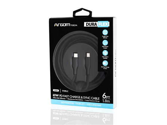 CABLE TIPO-C A TIPO-C ARGOM, 6 PIES, 65W PD CARGA RÁPIDA, FLEXIBLE, NEGRO.