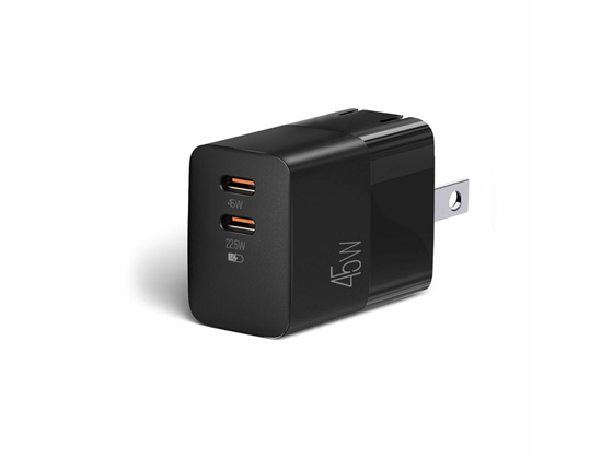 CARGADOR USB-C DE PARED ARGOM, 45W, CARGA RAPIDA, TECNOLOGIA P5, 2 PUERTO TIPO-C P/CELULARES, MP3 , CAMARAS Y IPAD (ARG-AC-0134BK)