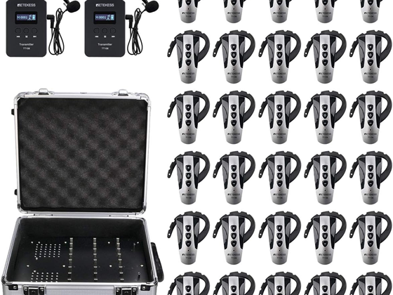 SISTEMAS DE AUDIO RETEKESS TT106 PARA GUIAS TURITICOS, INTERPRETACION SIMULTANEA, 150 M/492FT, ADMITE 2 TRANSMISORES EN UN GRUPO, 2X TRANSMISORES, 30X RECEPTORES