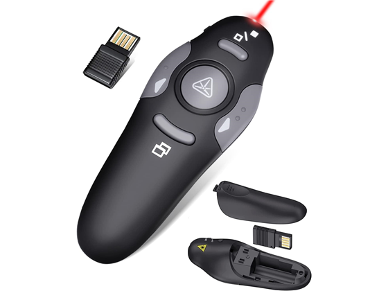 CONTROL PRESENTADOR WIRELESS CON PUNTERO LASER ROJO INTEGRADO, HASTA 98FT, NEGRO