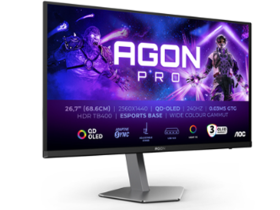 MONITOR AOC 27" (26.5) GAMING, QHD OLED  AGON PRO, E-SPORTS MONITOR STAND, PANEL RESOLUTION 2560X1440, 240 HZ, HDR 10. (AG276QZD)