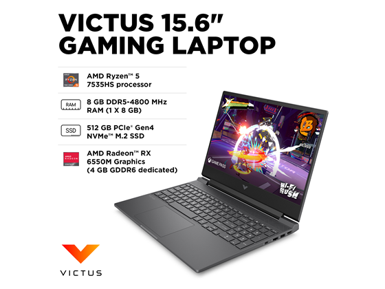 LAPTOP HP VICTUS 15-FB0263DX GAMING 15.6" IPS FHD 144HZ, RYZEN 5 7535HS 8 CORE, 8GB, 512GB SSD M.2, GRAFICOS RX 6550M 4GB DDR6, PUERTOS 2X USB 3.1, 1X HDMI 2.1, 1X GBE LAN, LECTOR DE TARJETA SD, BACKLIT,  WIFI 6, BT 5.2, WINDOW 10 INGLES, MICA SILVER (9Z7L4UA#ABA)