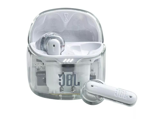 AUDIFONO JBL FLEX GHOST EDITION, INALAMBRICOS, CANCELACION ACTIVA DE RUIDOS,4 MICROFONOS PARA LLAMADAS PERFECTAS, HASTA 32 HORAS DE DURACION DE CARGA, RESISTENCIA AL AGUA Y AL SUDOR, COLO BLANCO TRANSPARENTADO (JBLTFLEXGWHTAM)