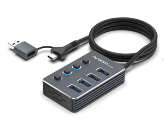 HUB USB TYPE C + USBA DE  4 PUERTOS  CON INTERRUPTORES DE ENCENDIDO/APAGADO LED INDIVIDUALES - 5 GBPS - CABLE DE 2 PIES - TRANSFERENCIA DE DATOS RÁPIDA - CARCASA DE ALUMINIO. (ARG-UB-0190)