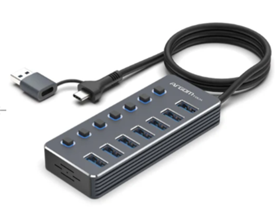 HUB USB TYPE C + USBA DE7 PUERTOS  CON INTERRUPTORES DE ENCENDIDO/APAGADO LED INDIVIDUALES - 5 GBPS - CABLE DE 2 PIES - TRANSFERENCIA DE DATOS RÁPIDA - CARCASA DE ALUMINIO. (ARG-UB-0191)