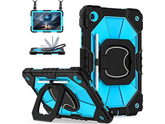 COVER PARA SAMSUNG GALAXY TAB A9+ 11", A PRUEBA DE CHOQUES, PROTECTOR DE PANTALLA, STAND GIRATORIO, SOPORTE PARA LAPIZ, NEGRO / AZUL