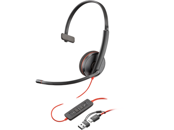 AUDIFONO CON MICROFONO  BLACKWIRE 3210, MONAURAL - USB-C HEADSET +USB-C/A ADAPTADOR - MONO - USB TYPE C- CON CABLE - 32 OHM - 20 HZ - 20 KHZ - CANCELACION DE RUIDO, NEGRO (8X214A6)