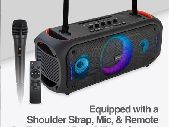 BOCINA ARGOM, RAVE  75 TWS, 800W P.M.P.O, WIRELESS BT PARTY SPEAKER WITH LED LIGHTS, INCLUYE CONTROL REMOTO Y MICROFONO, FRECUENCIA 55 HZ-20 KHZ, BATERÍA RECARGABLE DE IONES DE LITIO DE 3600 MAH, (ARG-SP-4075BK).