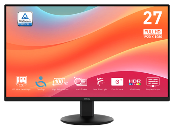 MONITOR MSI PRO MP275 27" IPS FHD 100HZ, 1X HDMI1.4B, 1X DISPLAYPORT 1.2A, 4MS (GTG)