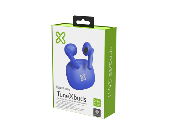 AUDIFONO CON MICROFONO KLIPX TUNEXBUDS, BLUETOOTH 5.0, 20 HORAS DE REPRODUCCION, ESTUCHE CON BATERIA, AZUL (KTE-007BL)