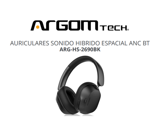 AUDIFONO ARGOM SONIDO HIBRIDO ESPACIAL ANC BT 5.4 , CANCELACION DE RUIDO ANC HIBRIDA, TIEMPO DE MUSICA/LLAMADA HASTA 70 HORAS, CONEXIÓN MULTIPUNTOS, PUERTO DE CARGA TIPO C, DIADEMA ERGONÓMICA Y AJUSTABLE, COLOR NEGRO. (ARG-HS-2690BK).