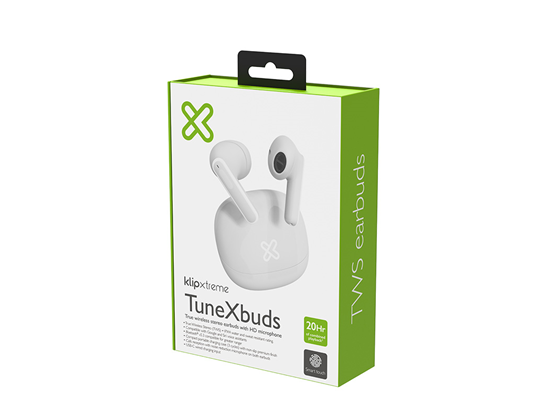 AUDIFONO CON MICROFONO KLIPX TUNEXBUDS, BLUETOOTH 5.0, 20 HORAS DE REPRODUCCION, ESTUCHE CON BATERIA, BLANCO (KTE-007WH)