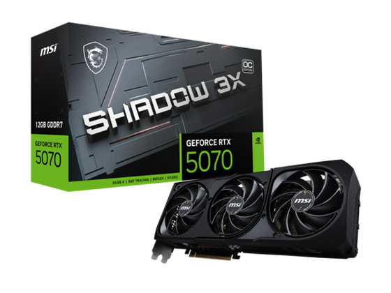 TARJETA DE VIDEO MSI GEFORCE RTX 5070 SHADOW 3X OC, PCI EXPRESS GEN 4, 2557 MHZ, 28 GBPS, 12GB GDDR6, 192-BIT, 16 PIN CONNECTOR, DISPLAYPORT X 3 (V2.1B), HDMI X 1(SUPPORTS 4K @ 480HZ - 8K @ 120HZ AS SPECIFIED IN HDMI 2.1B) POWER SUPPLY RECOMENDADO 600W