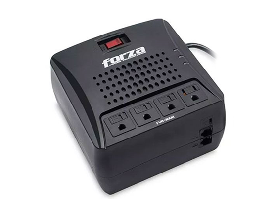 REGULADOR DE VOLTAJE FORZA 3000VA, REGLETA DE 4XTOMAS 110V/1500W/900J, 2XRJ11/RJ45(IN,OUT), INDICADORES LED DE ESTADO, TEMPORIZADOR (2/10/30 SEGUNDOS), FVR-3001.