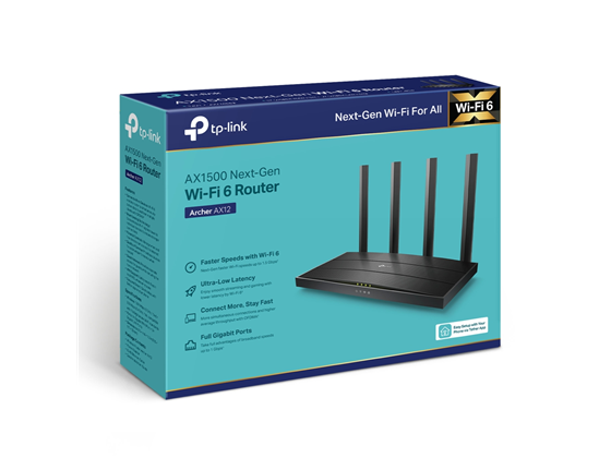 ROUTER WIRELESS TP-LINK ARCHER AX12, 2.4GHZ/300MBPS, 5.0GHZ/1201MBPS, 1 PUERTO WAN + 3 PUERTOS LAN, WPS, DUAL BAND