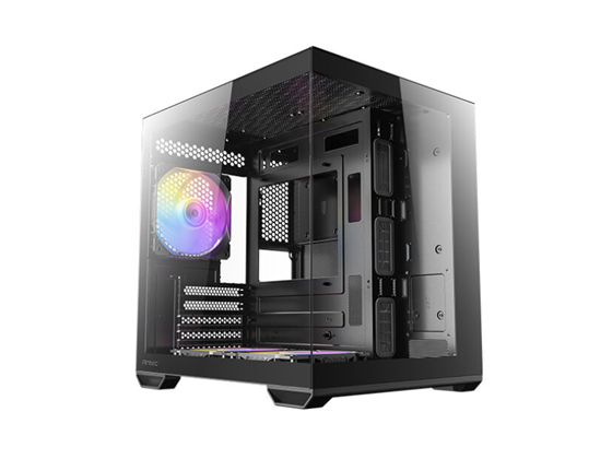 CASE GAMING ANTEC MINI-TOWER. COLOR NEGRO. PLACAS BASE MICRO-ATX E ITX. DISEÑO DE DOBLE CÁMARA PARA REFRIGERACIÓN INDEPENDIENTE. PANEL FRONTAL Y LATERAL DE VIDRIO TEMPLADO PARA VISTA PANORÁMICA DE 270°. INCLUYE TRES VENTILADORES ARGB DE 120MM PREINSTALADOS (DOS INFERIORES, UNO TRASERO). CONECTIVIDAD FRONTAL: DOS PUERTOS USB 3.0, UN PUERTO USB TIPO-C (10GBPS), AUDIO/MIC COMBO. GESTIÓN DE CABLES: 45MM (IZQ) / 95MM (DER). ALTURA MÁXIMA DISIPADOR CPU: 165MM. LONGITUD MÁXIMA GPU: 325MM. UNIDAD DE 3.5", TRES DE 2.5". FUENTE ATX (HASTA 240MM). FILTROS DE POLVO SUPERIOR E INFERIOR.