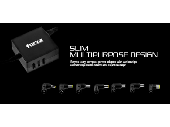 CARGADOR FUENTE PARA LAPTOP FORZA UNIVERSAL Y CELULARES, 7 ADAPTADORES, 3 PUERTO USB 5V/2.1A 90W